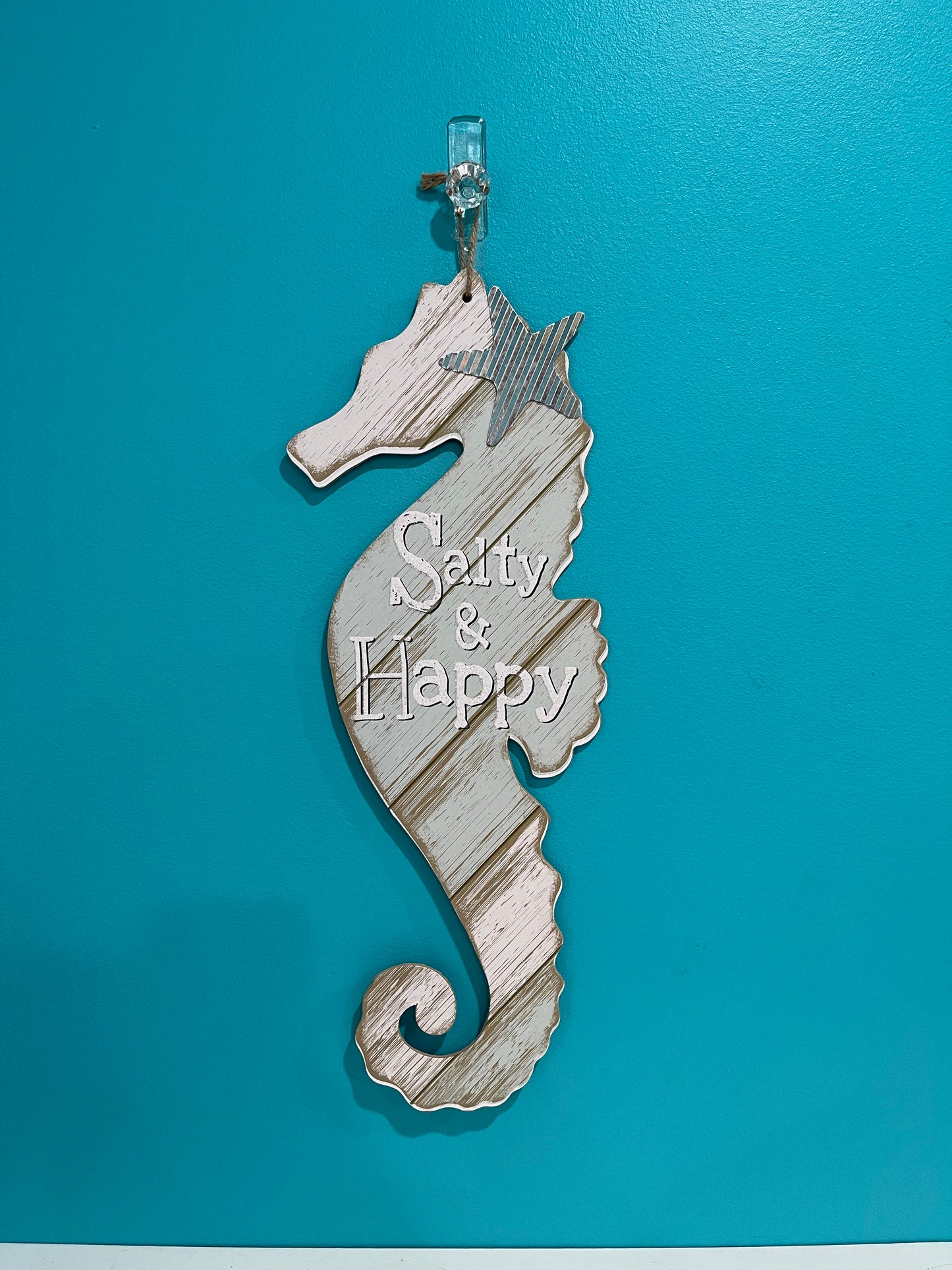 “Salty & Happy” Seahorse Hanging Sign